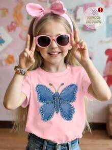 Girls' Casual Cute Butterfly Print T-Shirt, Comfortable Basic Tee For Spring, Summer And Autumn - Hot Pink - View 6