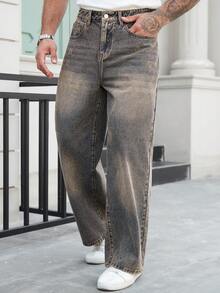Manfinity EMRG Men's Vintage Washed Distressed Casual Wide Leg Denim Jeans - Light Wash - View 3