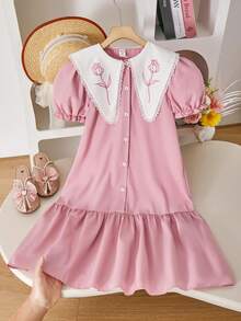 SHEIN Tween-Mädchen Kleid mit grafischem Muster, Rüschenkragen, Knopfleiste, Puffärmeln und A-Linie, geeignet für den Alltag, Frühling/Sommer - Pink - Übersicht 4