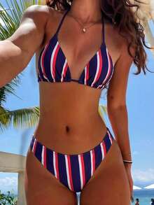 Swim Vcay Women's Summer New Tri-Color Striped Print Sexy Halter Triangle Cup Bikini Set - Multicolor - View 1