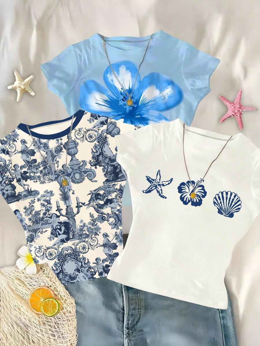SHEIN 3件套少女短款紧身上衣,饰有百合花和芙蓉花印花,适合春夏休闲外出、海滩旅行、周末活动,可爱夏日风,韩版风格,女童夏季上衣,夏季沙滩可爱上衣 - 淺藍色 - 查看 1