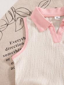 SHEIN Playful Pals 2件套少女夏季新款针织纹理面料立领无袖Polo衫和牛仔短裙套装，樱桃爱心装饰，波浪下摆，刺绣，休闲时尚 - 彩色 - 查看 9