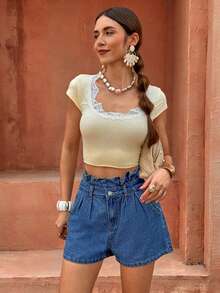 Selianne Quần short denim ống rộng cạp bèo dành cho nữ, kiểu dáng thường ngày. - Màu xanh lam - Xem 5