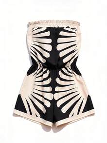 Swim Vcay 女士新款优雅度假无肩带贝壳印花弹力连体裤，黑白配色，适合夏秋穿着 - 黑與白 - 查看 7