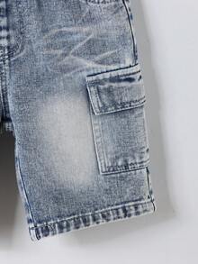 SHEIN Explorewe 男童牛仔短裤 夏季新款 休闲工装 浅蓝色牛仔布 弹性腰带 大口袋 宽松舒适 优质棉质牛仔布 日常基础款 学生棉质牛仔短裤 - 淺色水洗藍 - 查看 4