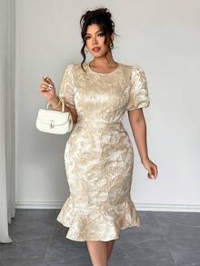 Elenzga Đầm mini satin sang trọng cổ tròn tay ngắn ôm eo công chúa đường may tay bồng thêu họa tiết hoa bướm màu sâm panh ôm sát cơ thể kiểu đuôi cá viền xếp nếp lãng mạn kiểu Pháp thanh lịch, sang trọng, mùa xuân/hè - Rượu sâm banh - Xem 4