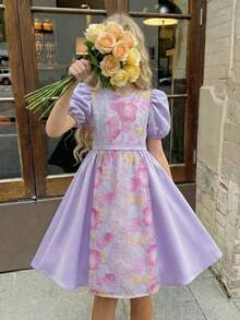 SHEIN Đầm công chúa tay ngắn dáng chữ A màu tím thanh lịch đính cườm và thêu họa tiết, cổ Peter Pan, dành cho bé gái tuổi teen. - Màu tím - Xem 8