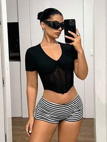 SHEIN PETITE CURVE 大码女式Y2K性感超低腰修身条纹超短裤 - 黑與白 - 查看 5