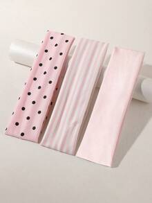 ROMWE Kawaii 3Pcs Elegant Pink Series Solid Color Striped Polka Dot Combination Women's Headband, Suitable For Women's Hair Accessories For Sports Commuting - Pink white - View 5