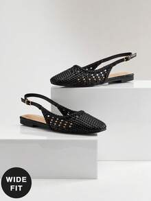 SHUZIA Ladies Wide-Fit Elegant Crochet Woven PU Slingback Mules - Black - View 5