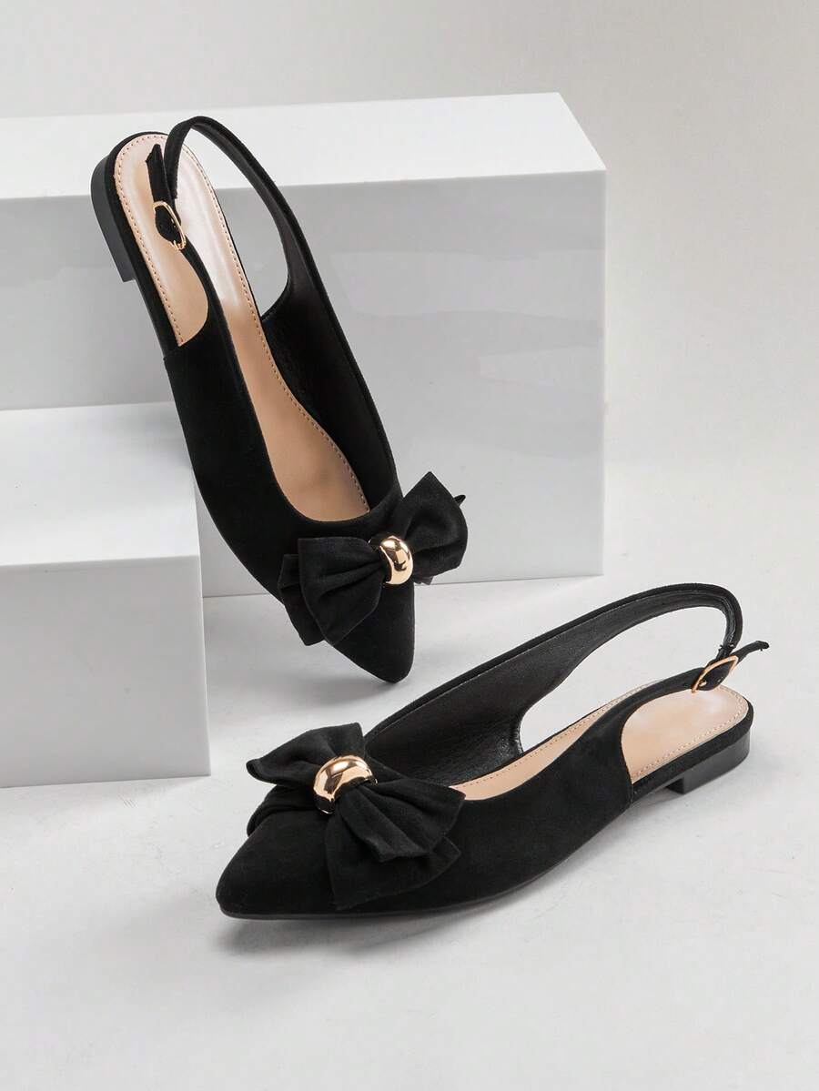 SHUZIA Women's Fashionable Bowtie Faux Suede Sling-Back Flats - Black - View 1