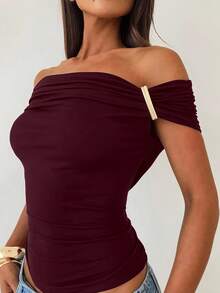 Aloruh 95%棉针织露肩T恤，酒红色 - 酒紅色 - 查看 10