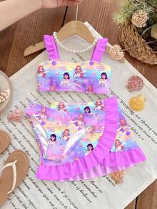 SHEIN K-Pop 超级巨星印花少女泳装，荷叶边装饰，三件套儿童泳装，沙滩度假写真套装 - 彩色 - 查看 2