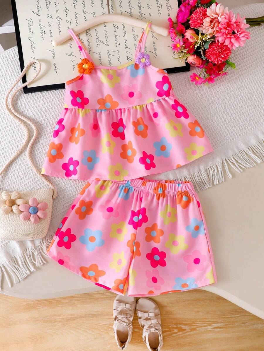 SHEIN Elladie kids 女童彩色花卉印花細肩帶上衣與短褲兩件套,活潑夏季兒童套裝,度假家庭親子度假穿搭衣著 - 粉色 - 查看 1