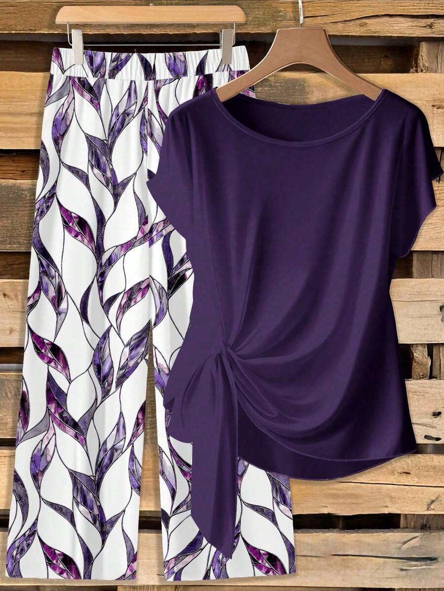 EMERY ROSE Plus Size Women 2pcs Set: Solid Color Twist Front Crop Top And Allover Print Wide Leg Pants - Multicolor - View 1