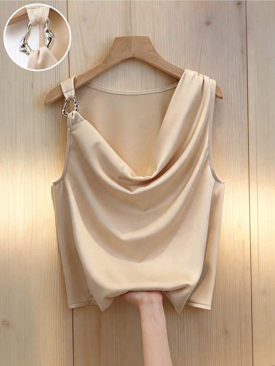Franclia Blusa ajustada sin mangas con decoración de hebilla de metal elegante en el cuello drapeado para mujer - Albaricoque - Ver 1