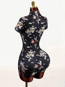 Mistrie 女士优雅云朵花卉与中国龙印花开衩袖中长连衣裙 - 白色 - 查看 2