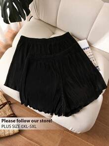 CosyJoli Set de 2 pantalones cortos plisados de color negro sólido talla grande, adecuados para el verano - Negro - Ver 1