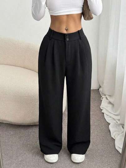 Pantalones Largos de Mujer Elegantes y Casual con Corte Recto y Ancho - Pantalones de Tela de Traje Notransparente de Doble Botón, Lavables a Máquina, Perfectos para Uso Diario, Ocio y Oficina - Moda Versátil y Funcional