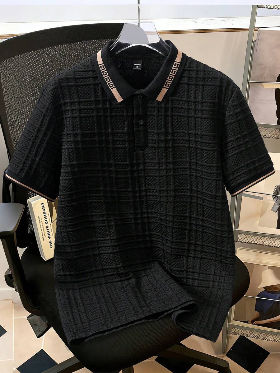 Manfinity Joysei Camisa polo de cuello acanalado con dos botones y textura jacquard de doble cara para hombres - Negro - Ver 1