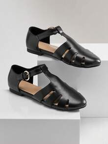 SHUZIA Sapatilhas femininas elegantes estilo pescador com tira de PU e fivela - Preto - View 7
