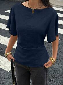 Blusa de manga corta con cintura ceñida, 100% algodón marrón con ribete negro para mujer - Azul marino 2 - Ver 6