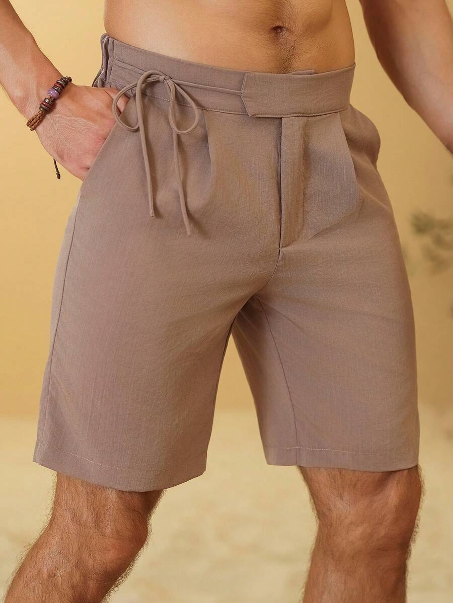 Palmeraft Pantalones cortos casuales plisados de color marrón café para hombre, cintura con lazo sólido, ropa de resort holgada para verano, playa, vacaciones, estilo vintage de dinero antiguo - Marrón - Ver 1