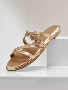 SHUZIA Beautiful Women's Gold Faux Leather Pu Flat Greek Sandals Wide-Fit Gold Coin Decor, Easy-Wear Slide Stylish Comfort Open Toe Spring Summer Chic Holiday Easter Beach Shoes - Gold - View 7