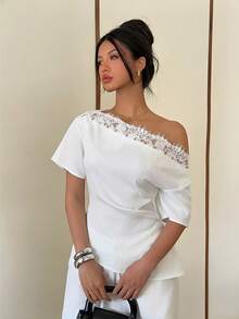 Siren Gaze Áo kiểu phối ren vai lệch, chất liệu 95% cotton, màu trắng. - trắng - Xem 8
