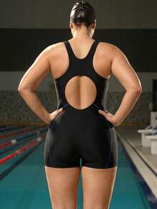 Swim Nautrix Traje de baño de una pieza con estampado de cuadros minimalista para mujer de talla grande, adecuado para vacaciones en la playa - Negro - Ver 2