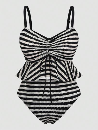 Sweetra New Vintage Striped Cute Plus Size Backless Bikini Top For Beach Vacation