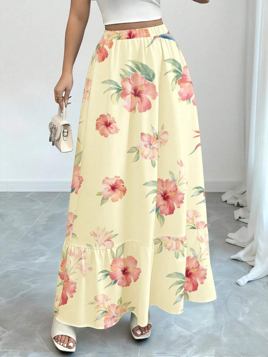 Modelyn 芙蓉花印花浅黄色弹力腰半身裙，女士时尚拼接长裙，休闲夏季下装 - 彩色 - 查看 1