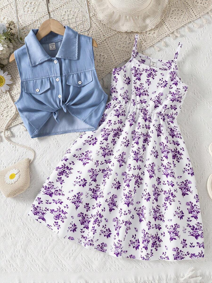 Bộ 2 món cho bé gái tuổi teen gồm áo khoác denim và váy slip dress in họa tiết hoa nhiều màu sắc, thích hợp cho mùa xuân/hè. - Nhiều màu - Xem 1