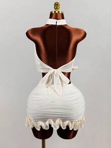 Mistrie 女士褶皱荷叶边修身迷你裙，适合夏季度假、约会、音乐节等场合 - 杏色 - 查看 2