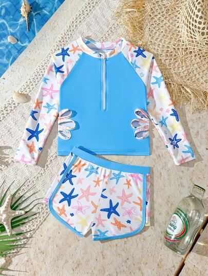 SHEIN Bộ bikini hai dây (size nhỏ) cho bé gái, áo chống nắng dài tay có khóa kéo và họa tiết sao biển, kết hợp với quần short họa tiết sao biển, áo màu xanh dương khoét hông, thích hợp cho kỳ nghỉ biển, hồ bơi, công viên nước, tiệc tùng.