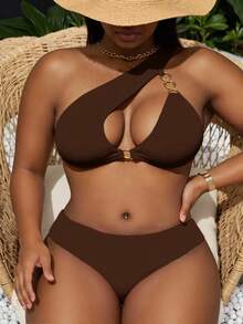 Swim Vcay Nouveau maillot de bain asymétrique sexy et ajouré marron grande taille, convenant pour les vacances à la plage d'été. Ensemble de maillot de bain marron en deux pièces pour les formes, bikini marron grande taille - Tabac - Voir 1