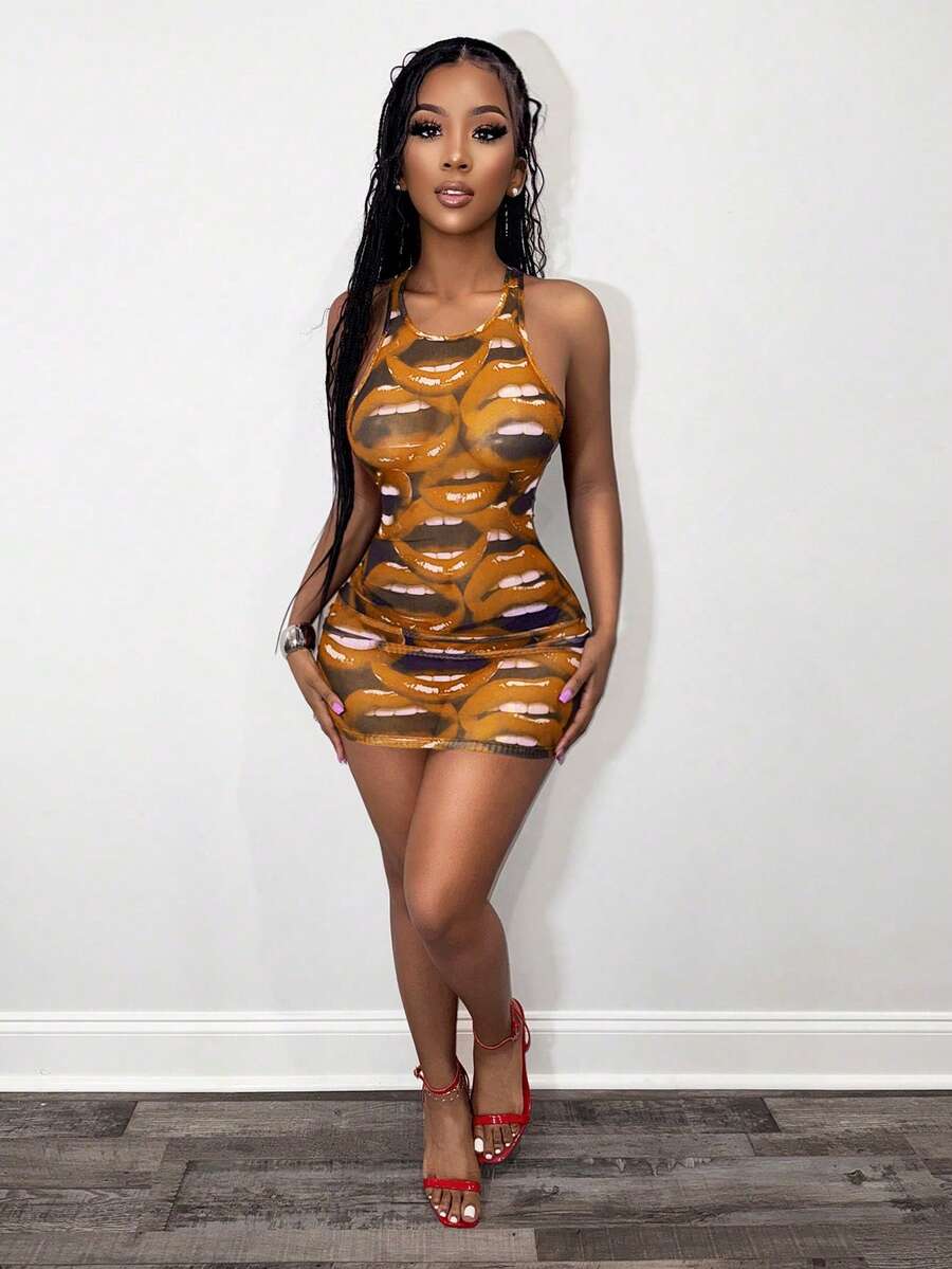 BamGleam Yellow Sheer Knitted Mini Dress For Women Sleeveless Round Neck Backless With Eye-Catching Lip Print - Yellow - View 1
