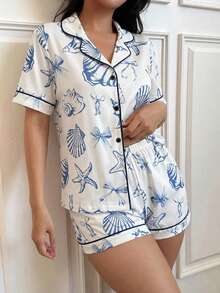 Bộ đồ ngủ bé gái - Áo ngủ ngắn tay và quần đùi cổ bẻ in hình nơ và vỏ sò cổ điển, thoải mái, gồm 2 mảnh. Bộ đồ đôi mẹ và bé (3 bộ bán riêng lẻ). - Nhiều màu - Xem 7