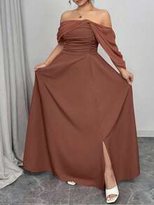 Elenzga Plus Size Women Elegant Ruched Off-Shoulder Split Dress - Brown - View 3