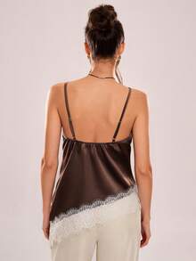 SXAvenya Camiseta de tirantes asimétrica con entramado de encaje transparente - Marrón - Ver 4