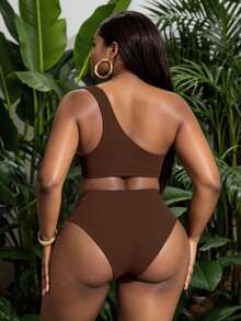 Swim Vcay Nouveau maillot de bain asymétrique sexy et ajouré marron grande taille, convenant pour les vacances à la plage d'été. Ensemble de maillot de bain marron en deux pièces pour les formes, bikini marron grande taille - Tabac - Voir 2
