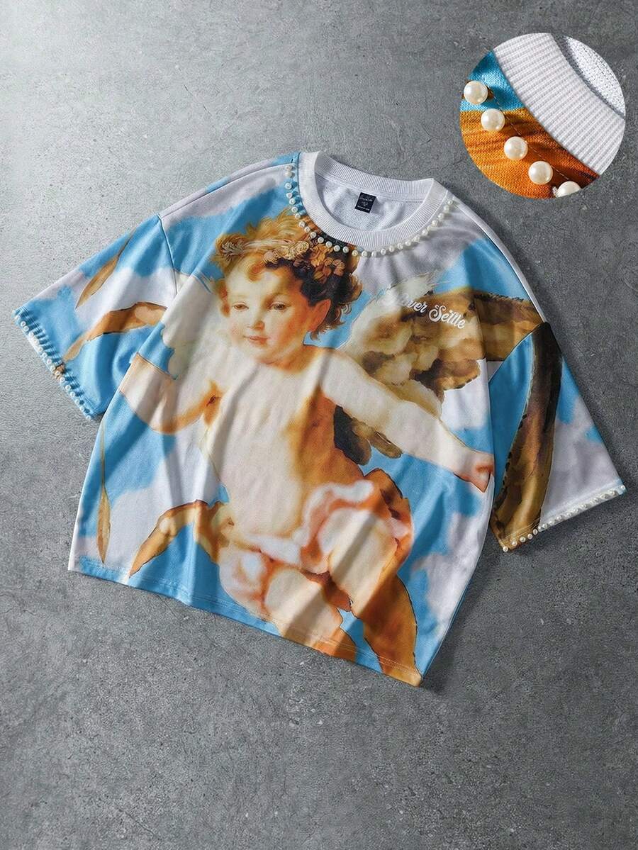 ROMWE MEN T-shirt à manches courtes de style décontracté, de vacances et de mode de rue pour hommes, avec imprimé ange et décoration de fausses perles - Multicolore - Voir 1