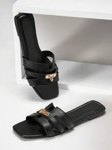 SHUZIA Women's Casual Comfortable Cut-Out Slip-On Flat Sandals - Black - View 3