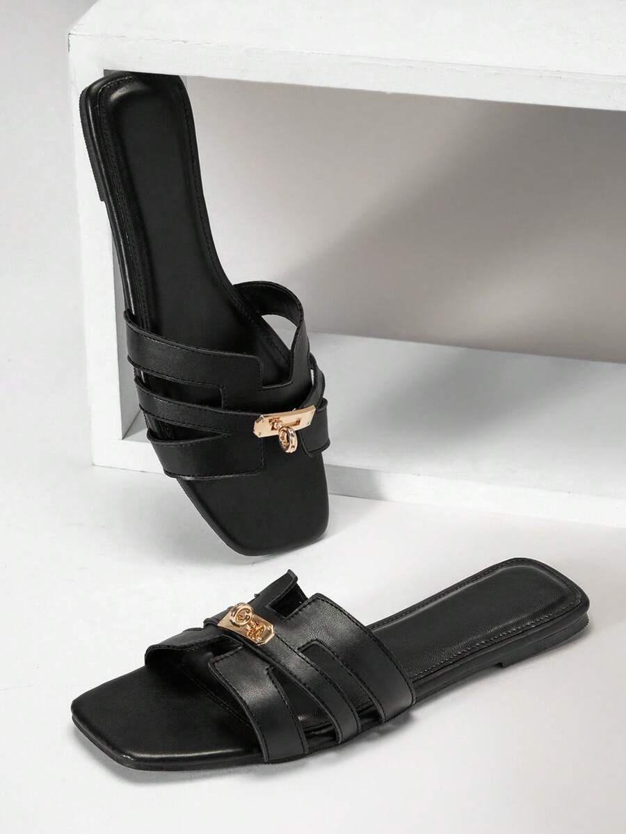 SHUZIA Dép xăng đan đế bằng thoải mái, kiểu dáng khoét lỗ, dành cho nữ. - màu đen - Xem 1