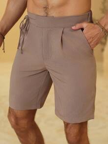 Palmeraft Pantalones cortos casuales plisados de color marrón café para hombre, cintura con lazo sólido, ropa de resort holgada para verano, playa, vacaciones, estilo vintage de dinero antiguo - Marrón - Ver 3
