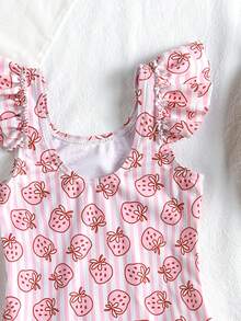 SHEIN Bộ đồ bơi liền thân cho bé gái, họa tiết dâu tây sọc dọc màu hồng, viền bèo nhún, chất liệu vải dệt kim co giãn nhanh khô, thích hợp cho bãi biển, hồ bơi, lướt sóng, kỳ nghỉ hè. - Hồng - Xem 6