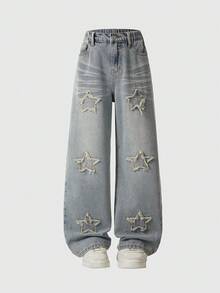Denim Vintage Desgastado para Meninos Pré-Adolescentes com Bordado de Estrela, Denim Casuais de Lavagem Desbotada com Ajuste Relaxado para Meninos - Lavagem clara - Visão 4