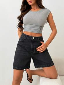 SHEIN DORA SHORT - 高腰黑色水洗牛仔休闲街头风牛仔短裤，纽扣闭合 - 黑色 - 查看 5