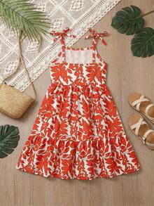 Young Girl Floral Print Vacation Beach Tie Strap Dress - White - View 2