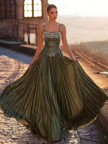 Glamrae This Elegant And Luxurious Strapless Dress Is Adorned With Beads, Sequins, And Embroidery, And Features A Flared Skirt. Suitable For Weddings, Events, Parties, Vacations, Galas, And Formal Occasions (Shawl Not Included). - Army Green - View 4